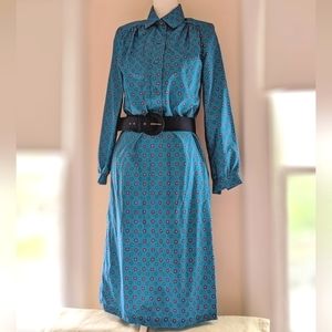 Vintage Blue Dress Pockets Jalf Button Long Sleeve Collar Red Dot Print Sz 8